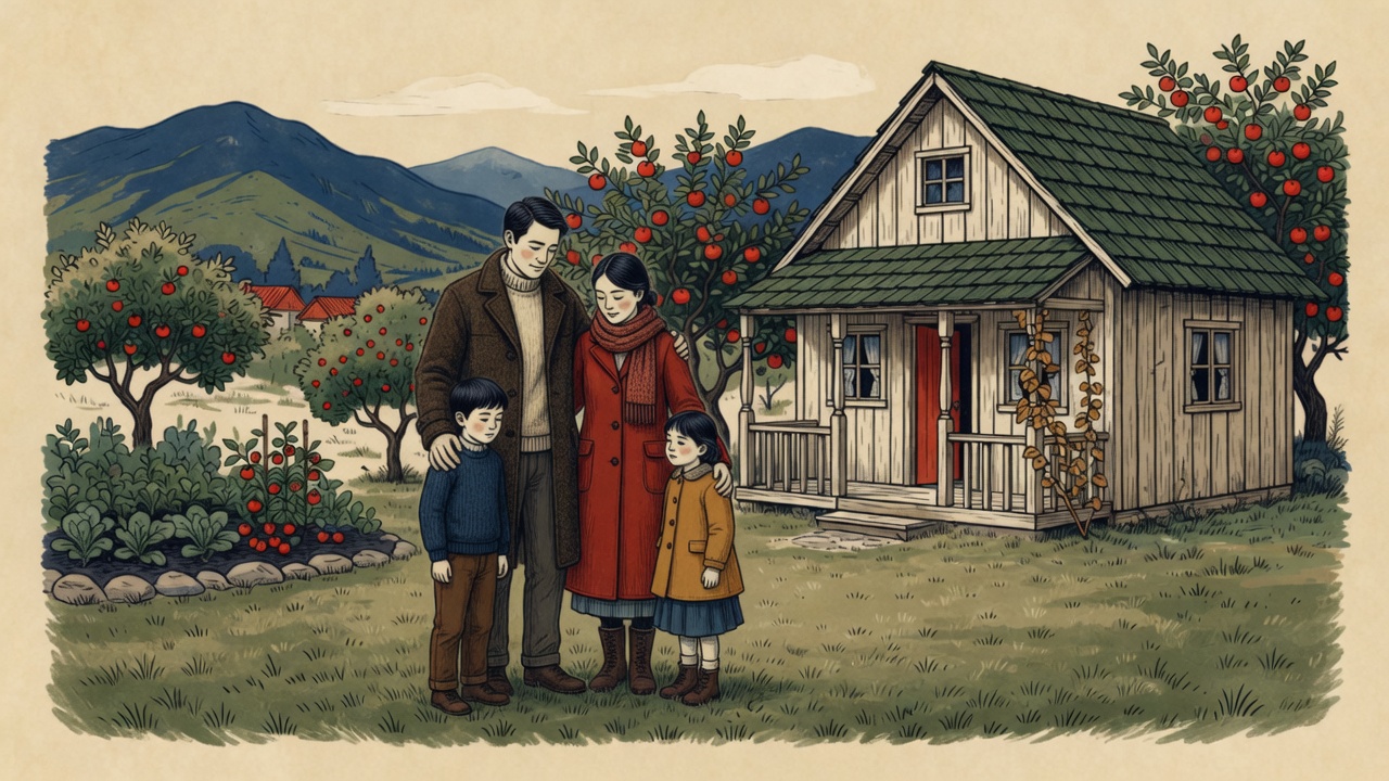 Grabado de una familia con abrigos junto a la casa de madera y los manzanos del jardín.