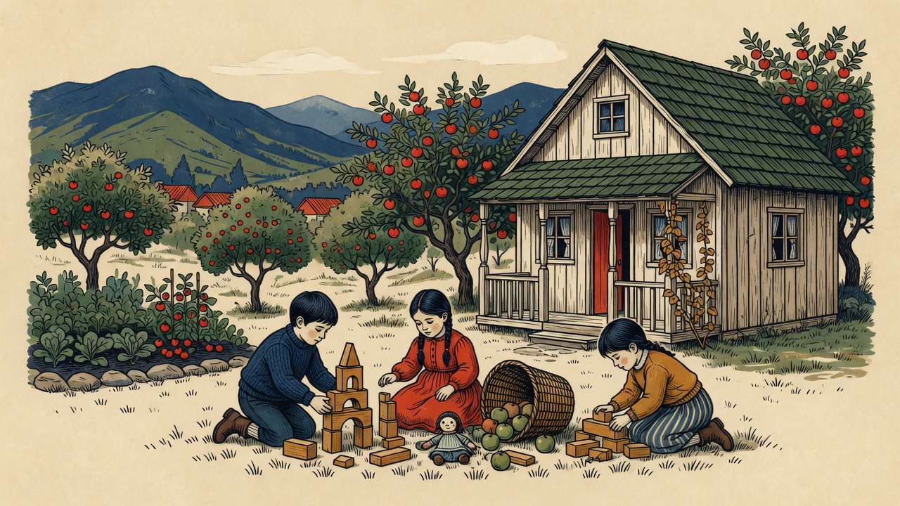 Grabado de niños con suéteres de lana jugando con bloques de madera frente a una casa de madera y manzanos.